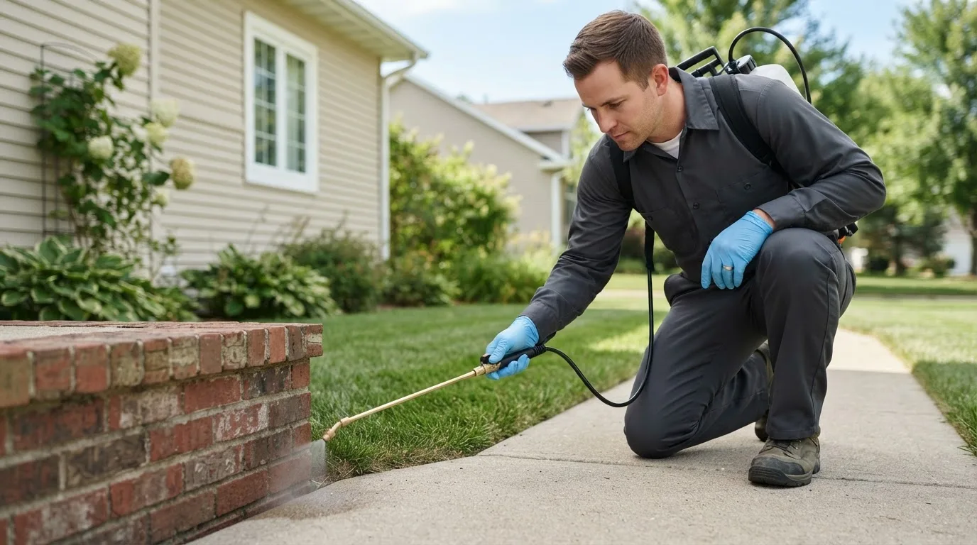 Pest control technician treating a home near Hillsdale, OK
