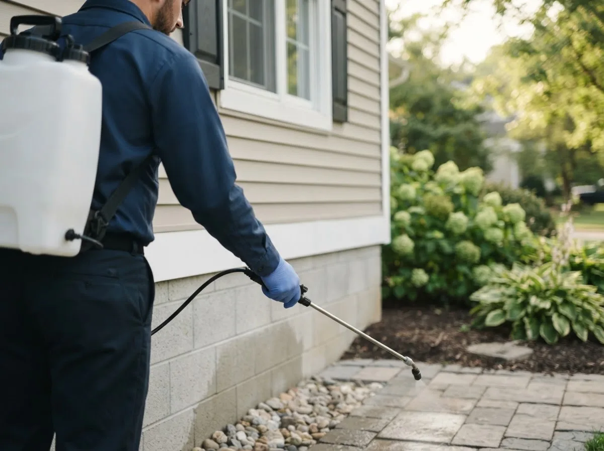 Pest control technician inspecting a home in Hillsdale, OK